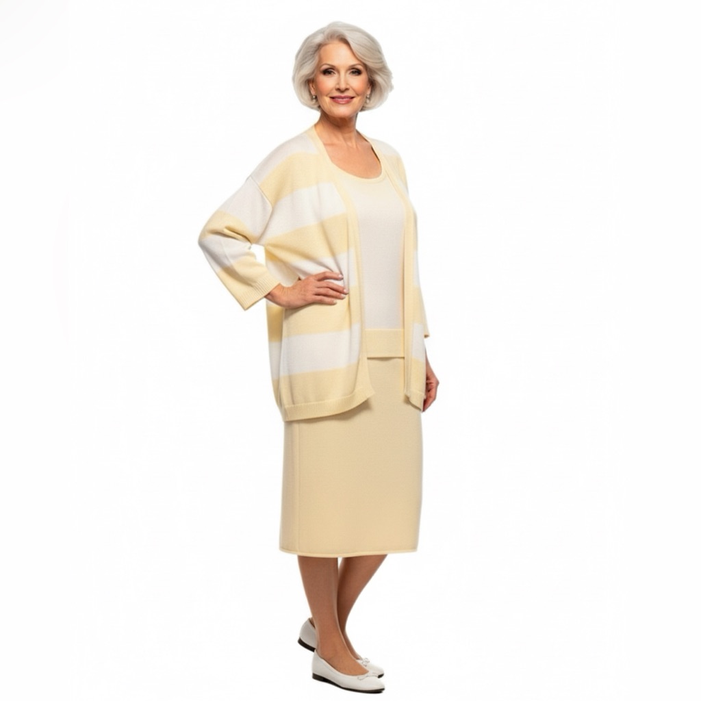 Butter Yellow And White Stripe 3pc Skirt Set.